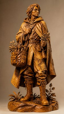 full-body original character: a wandering botanist with a satchel of plants, a patched green cloak, tall boots and round glasses, neutral background