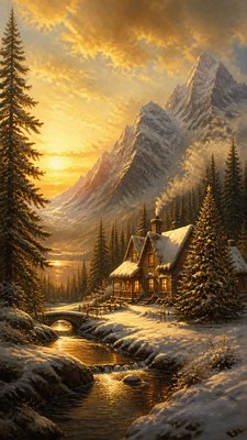 a snow-covered cottage with warm glowing windows beside a decorated pine tree, gentle snowfall, no text