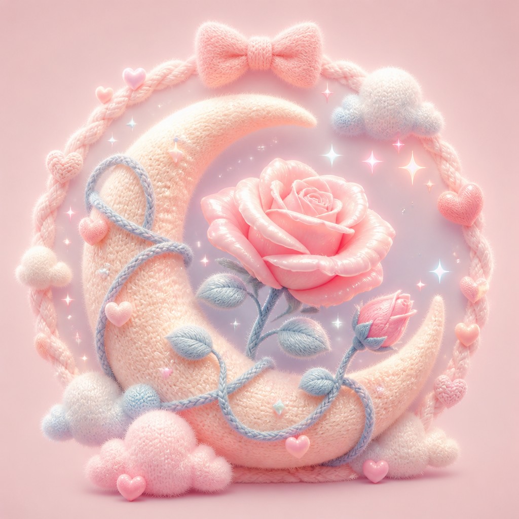 a rose entwined with a crescent moon, clean balanced composition on a plain background, no text