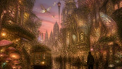 bustling city street panorama at dusk