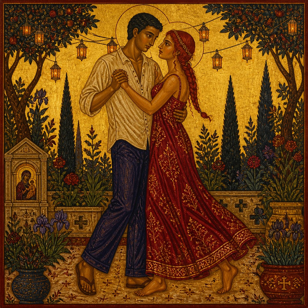 an original couple dancing under string lights in a garden at dusk: a man with short black hair in a linen shirt and a woman with braided red hair in a summer dress