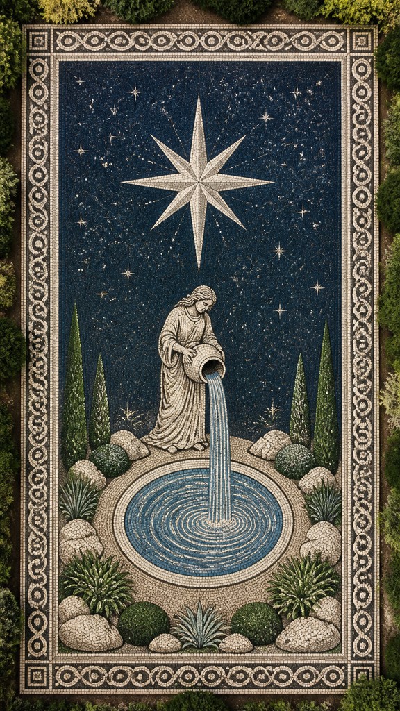 a robed figure pouring water beneath a large eight-pointed star in a night sky, symmetrical composition with an ornate decorative border, no text