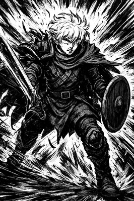 a black and white drawing of a man with a sword