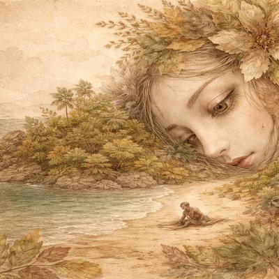 An island in a wide sea viewed fromcloser to the head of a goddess spirit, she is laying on her side, opening 1 eye to look at a castaway man who has just washed up on the beach. Tropical leafy island no flowers. 
