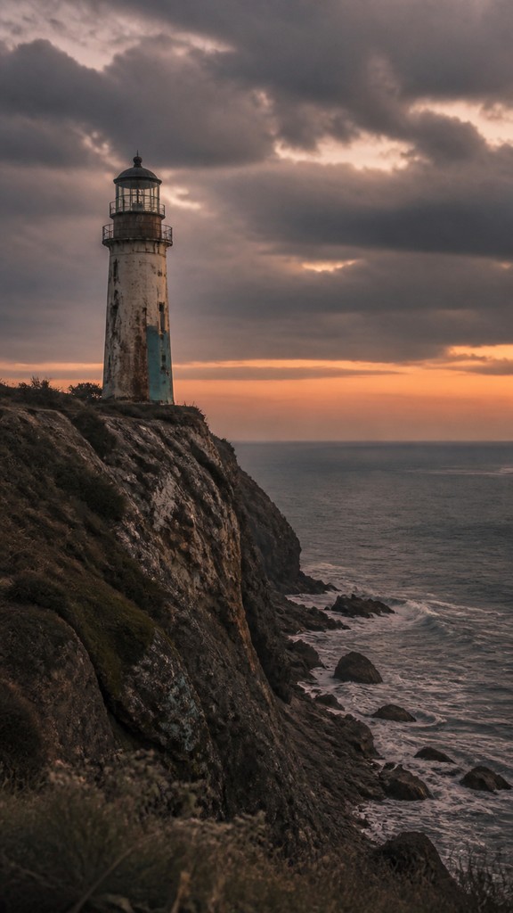 a lone lighthouse on a cliff at dusk under a dramatic sky, no text or lettering