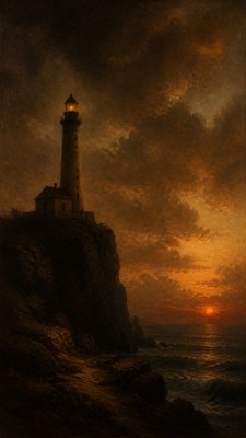 a lone lighthouse on a cliff at dusk under a dramatic sky, no text or lettering