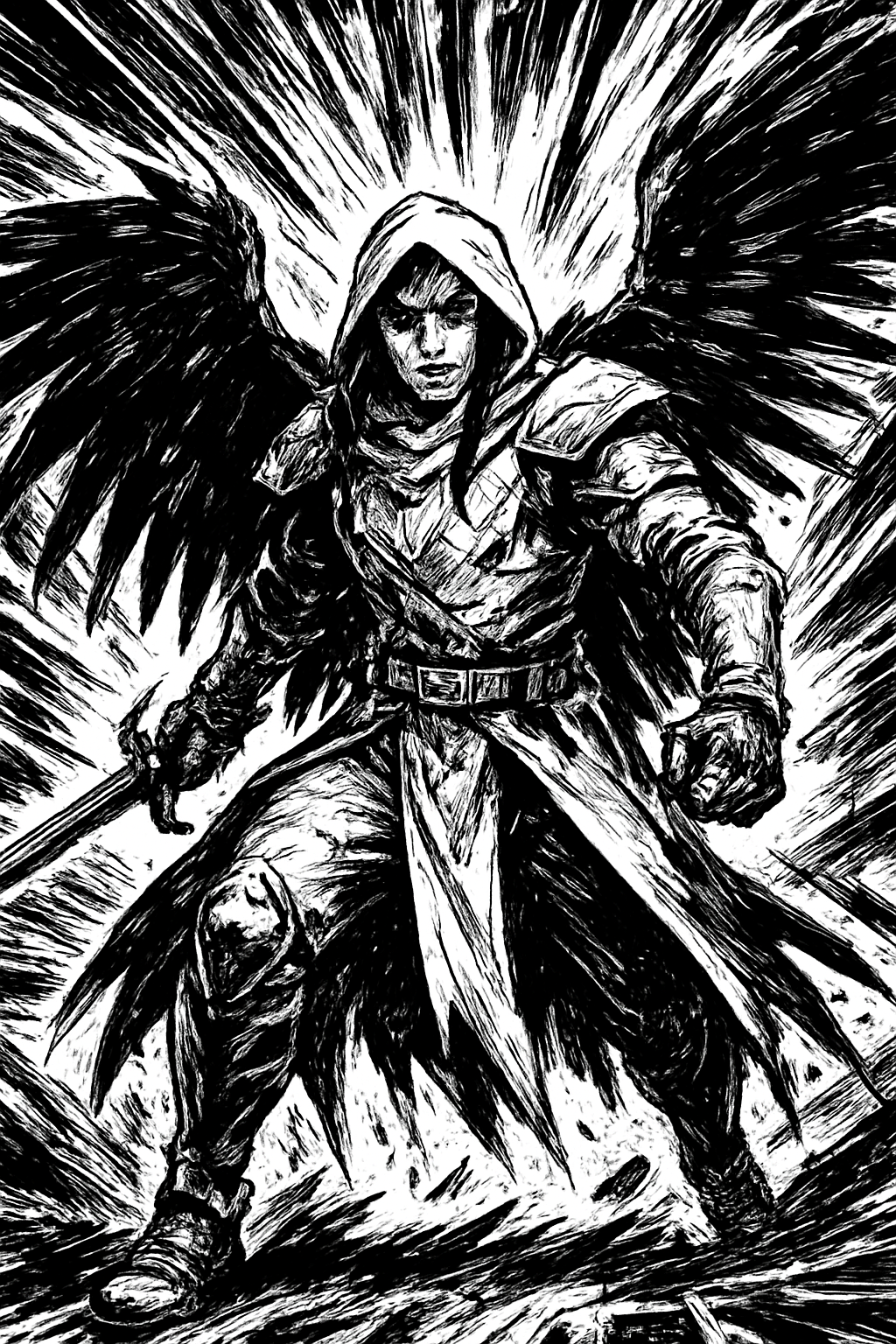 a black and white drawing of a person holding a sword