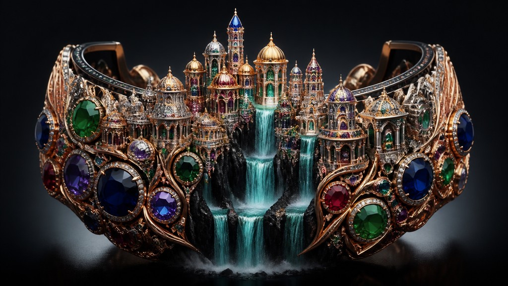 a cliffside city with waterfalls cascading into a misty canyon, wide establishing shot, no people, no text