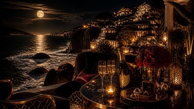 a moonlit coastline with cliffs and crashing surf, no people