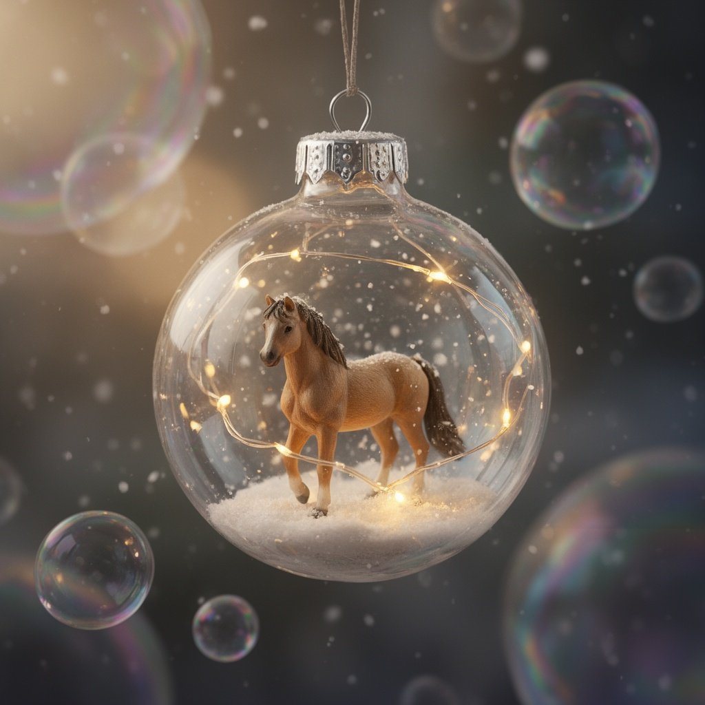 Tiny Horse Inside a Glass Ornament
a clear glass christmas ornament containing a miniature horse scene, glowing fairy lights, gentle snowfall particles inside, hyper-detailed reflections, delicate glass texture, whimsical fantasy realism, dreamy warm lighting, bokeh background