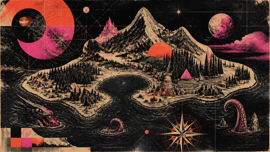 a map of an island realm with mountains, forests, a sheltered bay, sea monsters in the water and a compass rose, no text labels