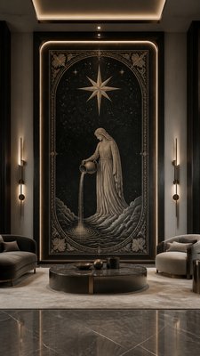 a robed figure pouring water beneath a large eight-pointed star in a night sky, symmetrical composition with an ornate decorative border, no text