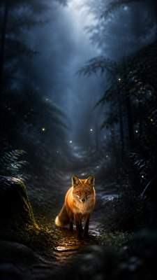 a mysterious forest path with fireflies and drifting mist, atmospheric vertical composition with open space at the top, no text