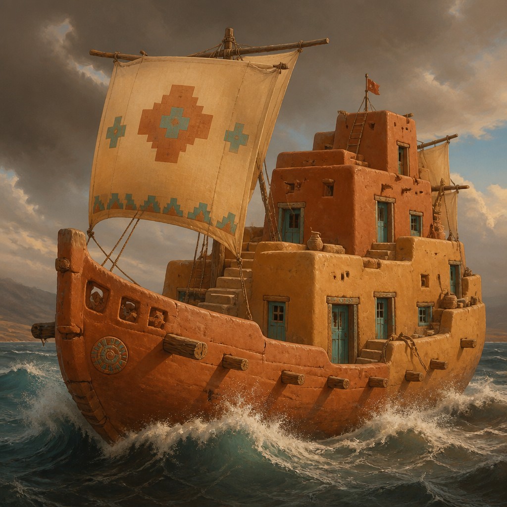 sailing ship on a stormy sea — Adobe Pueblo Architecture