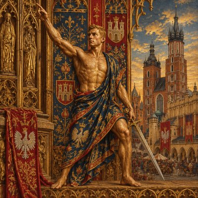 a painting of a man holding a sword