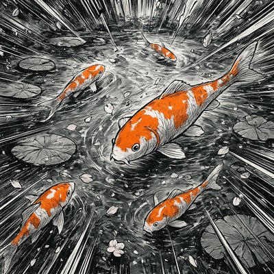 A koi pond seen from above, orange and white koi fish swimming among lily pads, clear water with subtle ripples, fallen cherry blossom petals floating on the surface, dappled sunlight