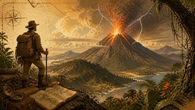 an erupting volcano with lightning strikes, dramatic wide composition, no text