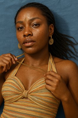 a woman in a halter top poses for a picture