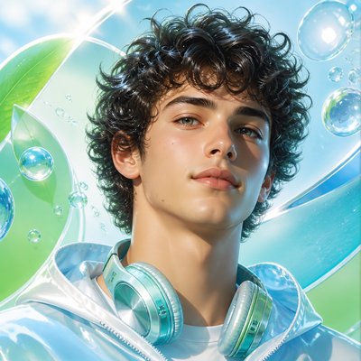 head-and-shoulders portrait of an original character: a young man with curly dark hair and headphones around his neck, plain backdrop, no text