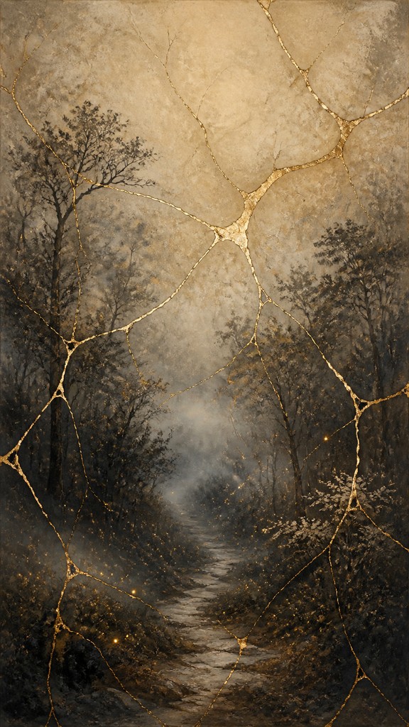 a mysterious forest path with fireflies and drifting mist, atmospheric vertical composition with open space at the top, no text