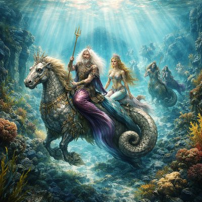 Golden Age Fantasy Illustration Style, Painterly Realism, Crystalline Underwater Photography Aesthetic. A stunning view looking down through impossibly clear ocean water at a royal hunting party of Narnian Merpeople riding through ancient, seaweed-covered ruins on the seabed.

The Crucial Riding Posture: The Merpeople are riding large, powerful, scaled hippocamps (mythical sea-horses). Crucially, the merfolk are perched securely in a distinct side-saddle position on the backs of their mounts. Their powerful, scaled fish tails are coiled elegantly around the side flank of the hippocampus for stability, rather than straddling them like a human.

The Seahorse Anatomy: The hippocamps themselves have massive, armored tails that curl tightly forward beneath their own bodies, pushing them through the water.

Key Figures & Details: The Mer-King, with flowing white hair and fierce eyes, sits side-saddle, holding a gold-tipped spear. His deep amethyst tail is visible coiled against the mount’s scales. A Mer-Queen rides beside him. Bright shafts of sunlight pierce the water, illuminating the specific details of their riding posture and glittering scales.