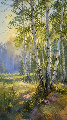 a serene birch forest in soft morning light, no people, no text