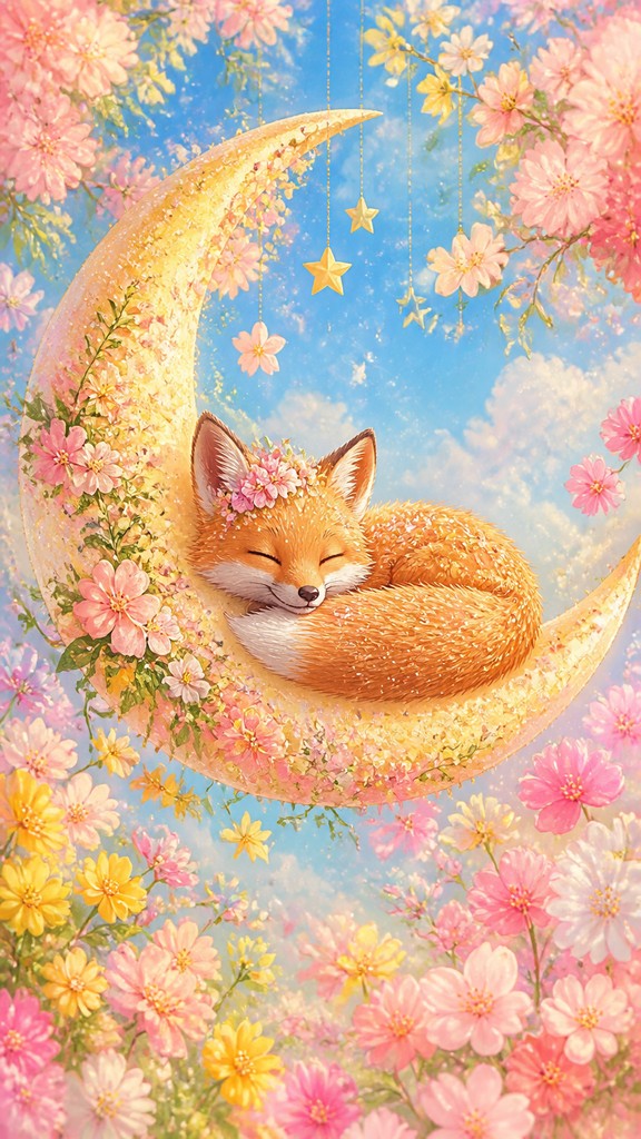 a sleeping baby fox curled on a crescent moon among soft stars, gentle and warm, no text