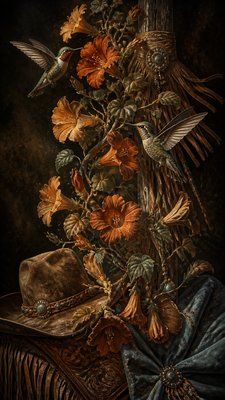 a climbing vine of flowers and hummingbirds on a dark background, tall wrapping composition, no text