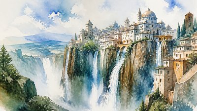 a cliffside city with waterfalls cascading into a misty canyon, wide establishing shot, no people, no text