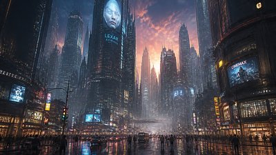 bustling city street panorama at dusk