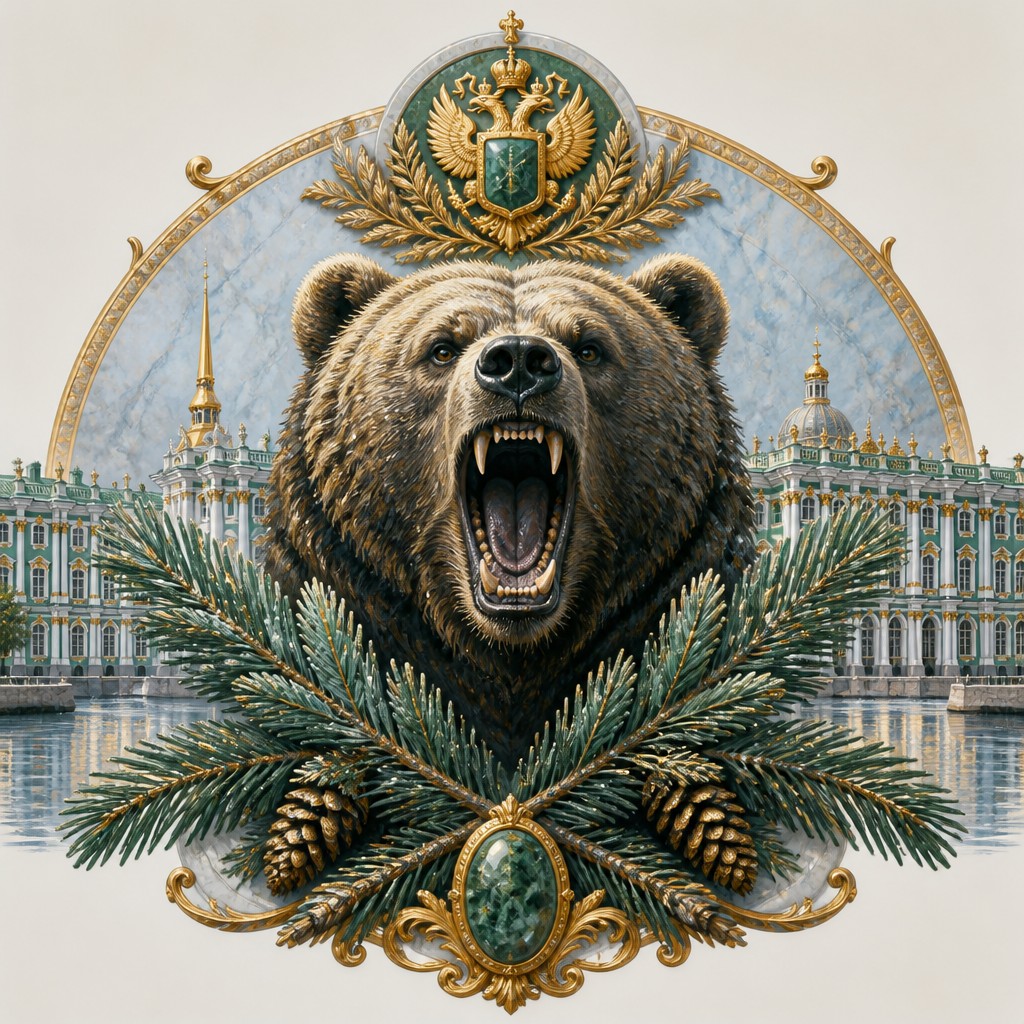 a roaring bear head above crossed pine branches, bold graphic composition on a plain background, no text