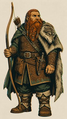 full-body original character: a dwarven ranger with a braided auburn beard, worn leather armor, a longbow and a wolf-pelt cloak, neutral background, no text