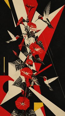 a climbing vine of flowers and hummingbirds on a dark background, tall wrapping composition, no text
