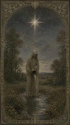 a robed figure pouring water beneath a large eight-pointed star in a night sky, symmetrical composition with an ornate decorative border, no text