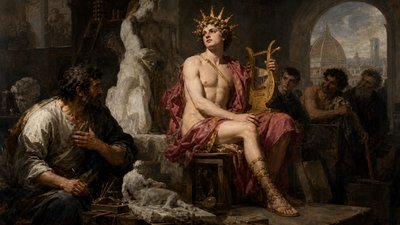 Tommaso de' Cavalieri posing as Apollo in Michelangelo's studio