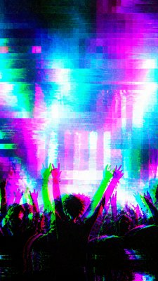 a live music scene with a glowing stage and silhouetted crowd, energetic vertical composition with open space at the top, no text
