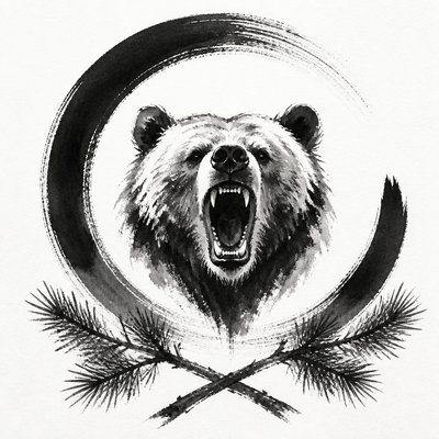 a roaring bear head above crossed pine branches, bold graphic composition on a plain background, no text