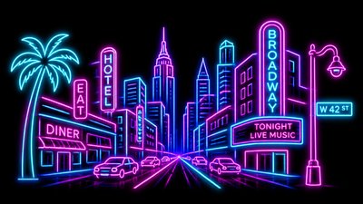 bustling city street panorama at dusk