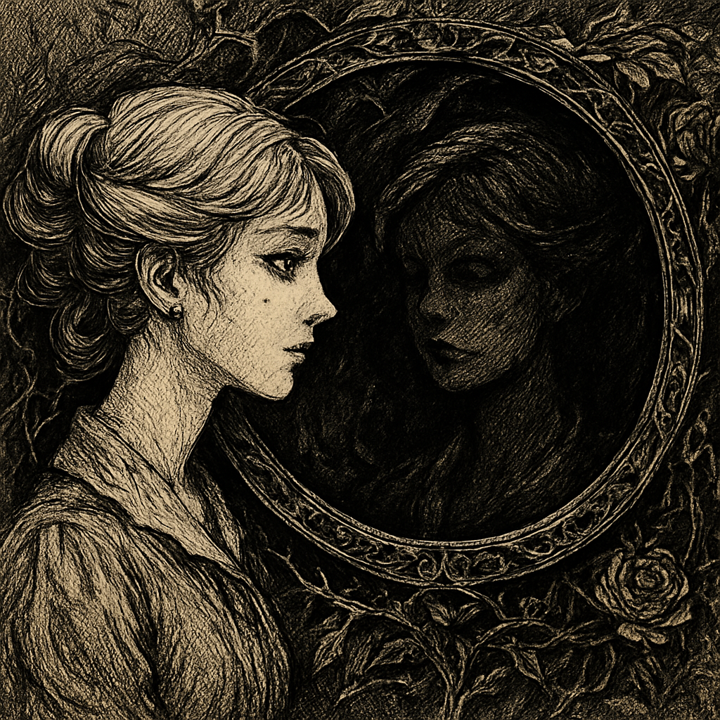 a drawing of a woman looking in a mirror