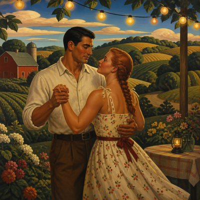 an original couple dancing under string lights in a garden at dusk: a man with short black hair in a linen shirt and a woman with braided red hair in a summer dress