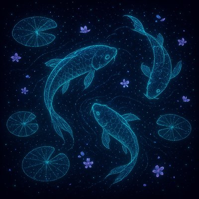 A koi pond seen from above, orange and white koi fish swimming among lily pads, clear water with subtle ripples, fallen cherry blossom petals floating on the surface, dappled sunlight