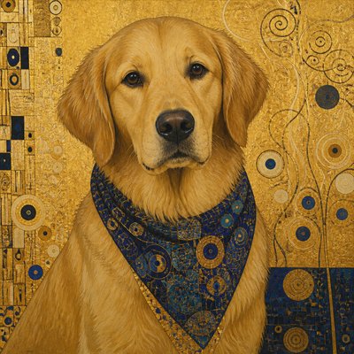 portrait of a golden retriever wearing a blue bandana, warm plain backdrop, no text