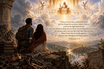 add a woman with the man both looking at heaven opened with Jesus on the throne, quote from the Scripture verse “If then you have been raised with Christ, seek the things that are above, where Christ is, seated at the right hand of God. Set your minds on things that are above, not on things that are on earth. For you have died, and your life is hid with Christ in God. When Christ who is our life appears, then you also will appear with him in glory.” 
– Colossians 3:1-4 
