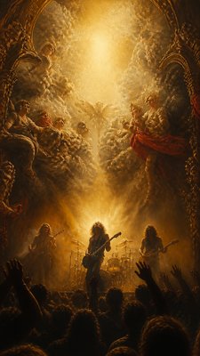 a live music scene with a glowing stage and silhouetted crowd, energetic vertical composition with open space at the top, no text
