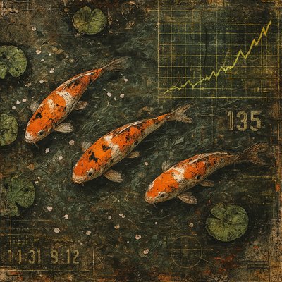 A koi pond seen from above, orange and white koi fish swimming among lily pads, clear water with subtle ripples, fallen cherry blossom petals floating on the surface, dappled sunlight