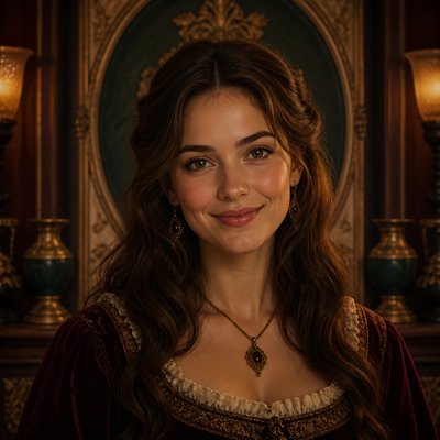 head-and-shoulders portrait of an original character: a young woman with wavy chestnut hair and a warm smile, plain soft backdrop