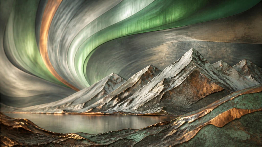 a flowing aurora over snowy peaks, wide sweeping composition, no people, no text
