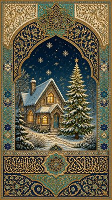 a snow-covered cottage with warm glowing windows beside a decorated pine tree, gentle snowfall, no text