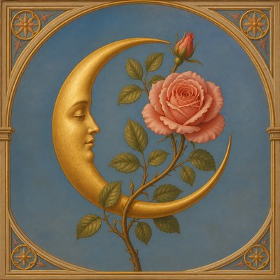 a rose entwined with a crescent moon, clean balanced composition on a plain background, no text