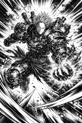 a black and white drawing of a man with a sword